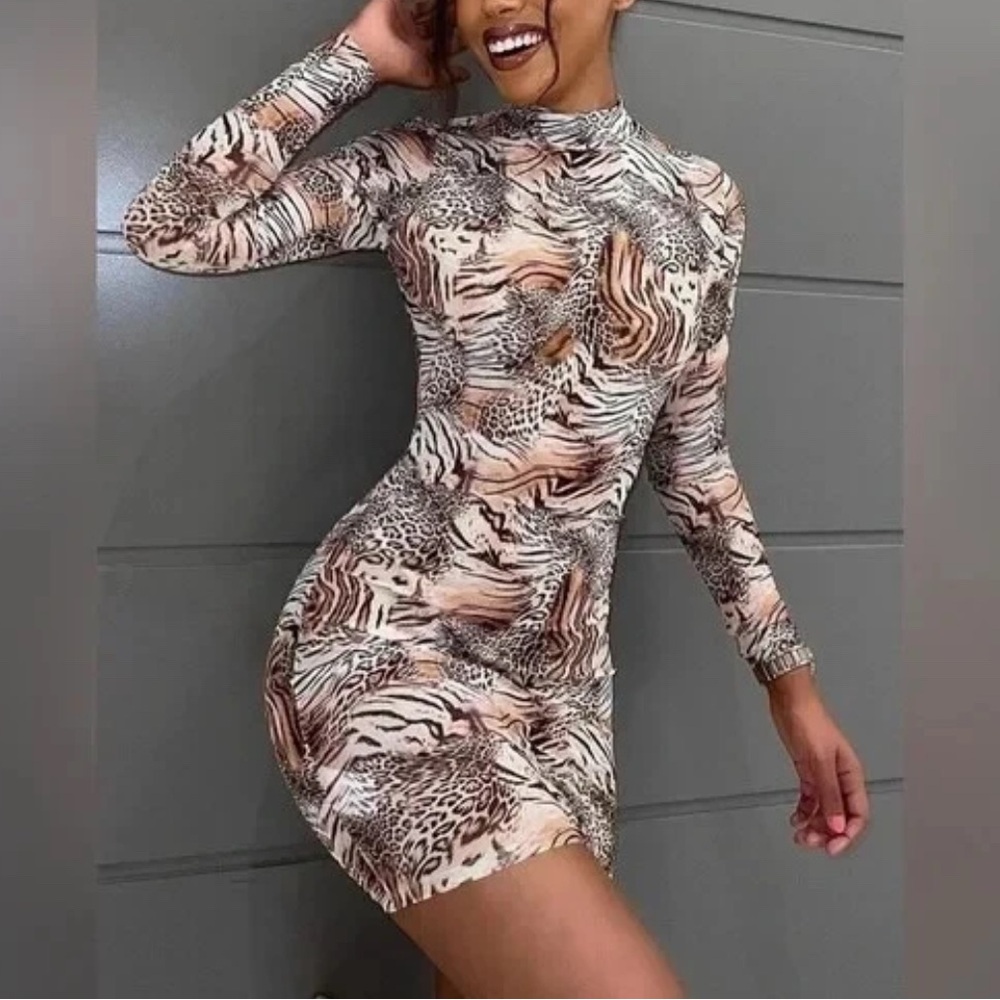 Fashion Nova Animal Print Long Sleeve Bodycon Dress - Beige Brown Black